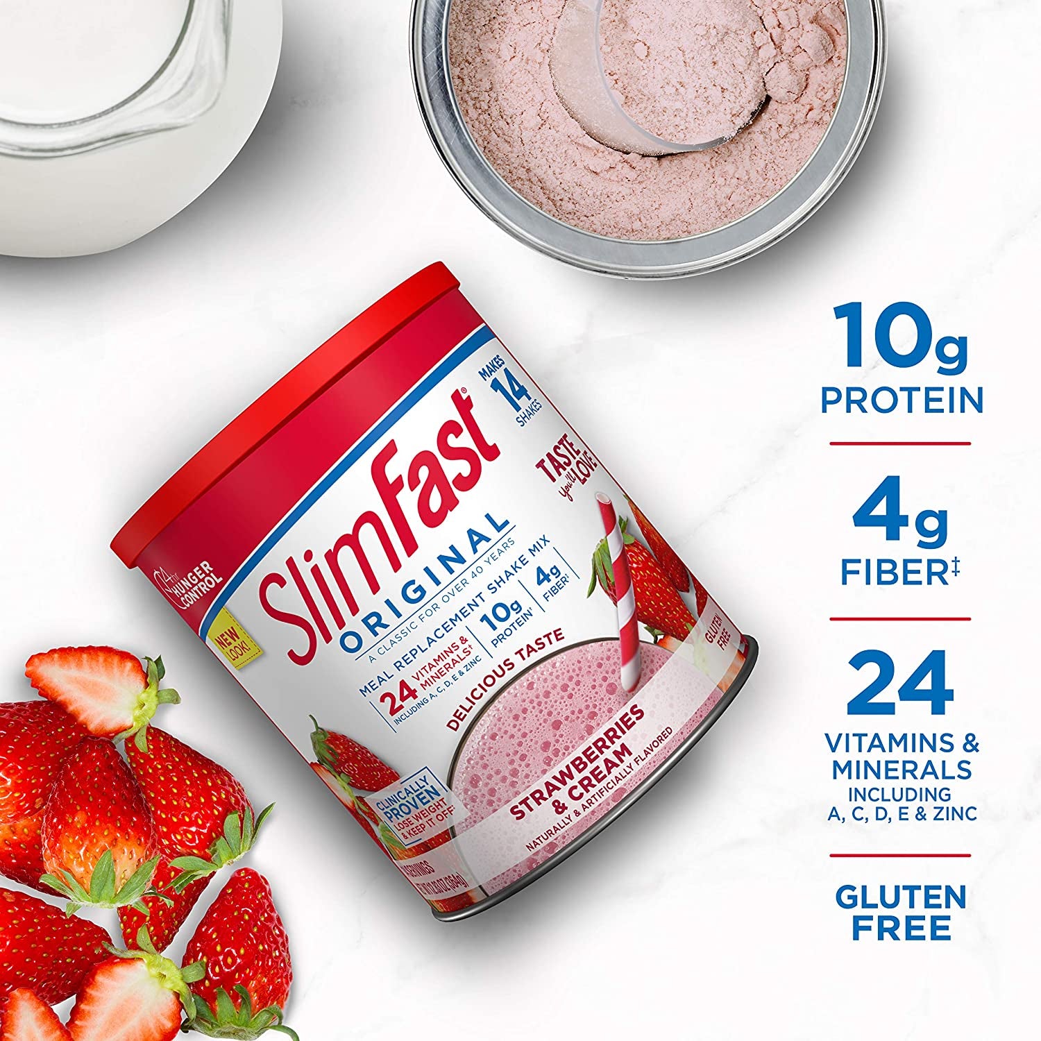 Original Strawberries & Cream Meal Replacement Shake Mix – Weight Loss Powder – 12.83 Oz. Canister – 14 Servings - Pantry Friendly
